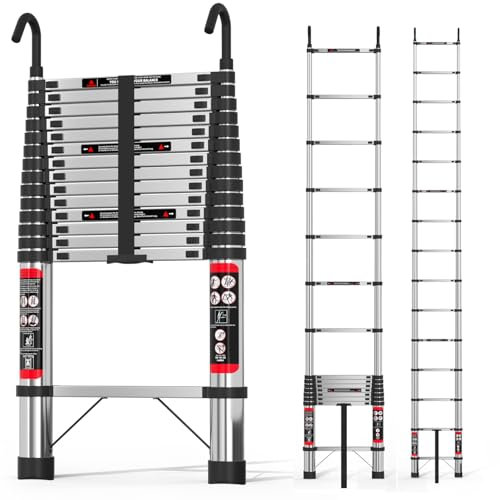 Échelle télescopique télescopique 4.4m Échelle télescopique en Acier Inoxydable 14.5ft en131 Standard avec Crochet de Toit Amovible, Plus Robuste et Plus Durable qu'une échelle en Aluminium