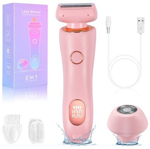 Rasoio Elettrico per le Donne,﻿2 in 1 Rasoio Elettrico Donna,Rasoio Donna Elettrico Senza Fili,IPX7 Impermeabile USB Ricaricabile Dry Wet,peli pubici e viso,impermeabile e ricaricabile