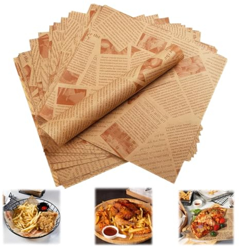 100 Piezas Papel Encerado para Alimentos, 25 x 25 cm papel de horno con aspecto de periódico, Papel de Horno Reutilizable, para Alimentos, Queso, Sándwiches, Panes, Papas Fritas,Hamburguesas, Pasteles