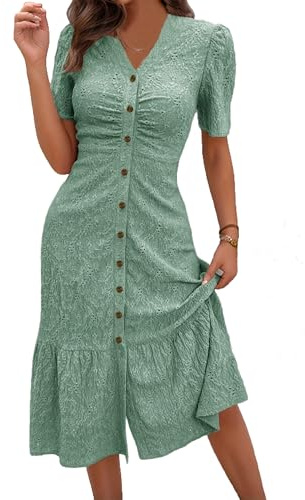 QUNERY Vestido Mujer Verano Elegante Manga Corta Vestido con Botones Vestidos Playero Elegante Dobladillo con Volantes Casual Dress