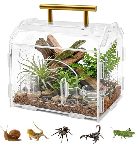 JNUYISW Terrarium för reptiler i akryl, transparent hoppspindelhölje med ventilationshål och handtag, magnetisk reptil-matningslåda för sniglar, insekter, fågelspindlar, tarantel, gecko