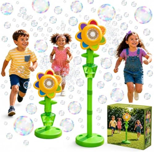 3 IN 1 Dancing Remote Control Bubble Machine for Kids, Sunflower Bubble Maker with LED Lights, Adjustable Height Stand, Handheld & Tabletop Bubble Blower for Outdoor & Indoor Fun