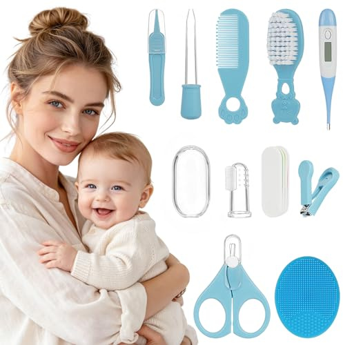 AYBUY Set per la cura del bambino, 11 Pezzi Kit Igiene Bambino con Necessaire con spazzola, pettine, spazzolino da denti con ditale in silicone, forbici, lima e tagliaunghie per Asilo e Viaggi
