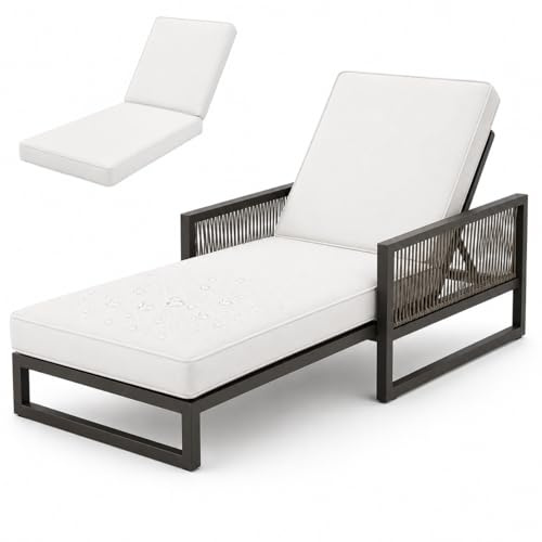AZMAHT ,Cojin Tumbona, Cojines Tumbonas Jardin Exterior Impermeables, Colchoneta De Espuma 50D para Silla Terraza con 6 Cintas De Sujeción Y Doble Ribete,Blanca,203x66x8cm