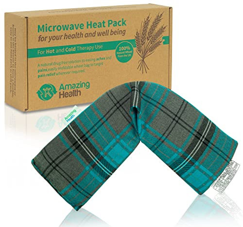 Amazing Health UNSCENTED Microwave Wheat Bag - Turquoise Tartan, 46cm Long, Cotton Heat Pad, Hot and Cold Pack, Made in UK, Gift Boxed