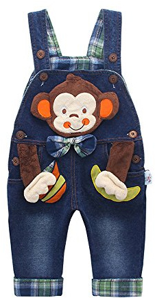 KIDSCOOL Salopette en Jean Bébé Garçon Fille Singe 3D Combinaison Carreaux | Salopette en jean singe 3D adorable avec doublure douce à carreaux et boutons en bois ajustables pour bébé