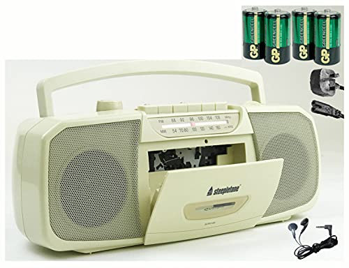 Steepletone STEREO Cassette Tape Recorder (inc BATTERIES + Mains Electric Lead) MW AM/FM Radio, Tape Player with recording facility, Built-In Speakers, MIC In, Carry Handle. Inc: Earphones (Beige)