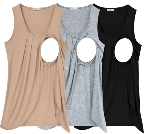 PARNIXS - Camiseta sin mangas para lactancia de verano para mujer, sin mangas, cómoda ropa de lactancia materna (3 unidades) - - Large