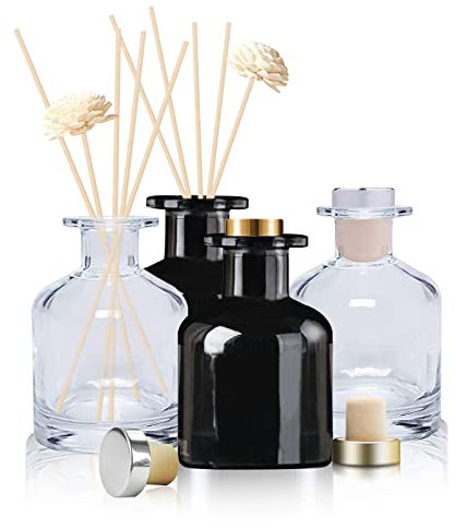 HOSSIAN 2 Clear Glass Diffuser Bottles - Black, Natural Reed Sticks, DIY Replacement Sets (4x3.9 Inch)