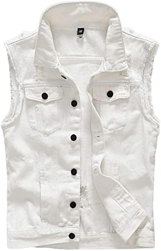 Lazutom Gilet da uomo senza maniche in denim casual slim fit strappato classico button down giacca di jeans, bianco, L