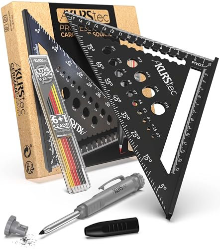 KLRStec Escuadra de Carpintero Profesional – Juego de Herramientas para la madera multifunción. Lapiz de carpintero y minas de repuesto incluido [7 Piezas]