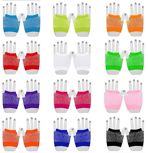 LHKJ 12 Paar Fingerlose Handschuhe, Damen Fingerlos Netzhandschuhe für Frauen Mädchen, Fishnet Handschuhe Elastisch Gloves für 80er Jahre Party Tanz Disco Kostüm (Bunt)