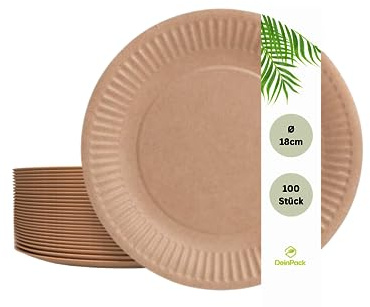 DeinPack Lot de 100 assiettes jetables en carton marron - Diamètre : 18 cm - Vaisselle de fête recyclable - Assiettes pour anniversaires et fêtes - Assiettes écologiques et biodégradables