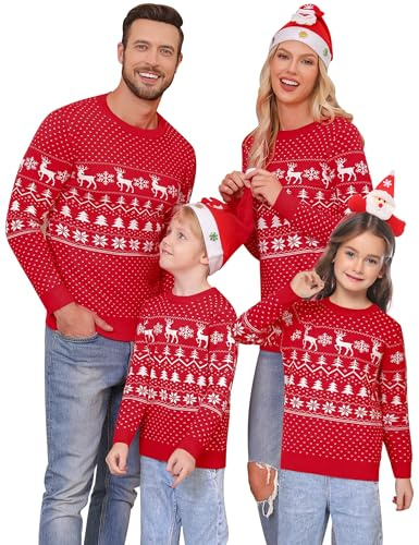Jersey de Punto Navideño para La Familia - Jersey de Punto para Hombre, Mujer y Niño, Niña Manga Larga, con Estampado Navideño, Juego de Jerséis | Jersey Pullover de Punto de Copos de Nieve de Renos