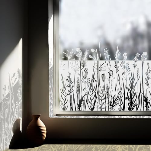 Chicskin 150X58CM Window Film Privacy for Glass Windows, Pure White Vintage Frosted Window Film, Floral Window Clings for Kitchen Bathroom Office Bedroom, White Film Flower Dandelion