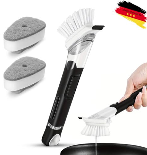Spülbürste mit Spülmittelspender, Küchenbürste, Geschirrbürste, Abwaschbürste, mit Spülmittel befüllbar, Spülbürste schwarz, Set, Schwamm, Topf, Pfanne