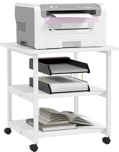 HOMCOM Carrello Porta Stampante a 3 Ripiani, Supporto Stampante con Ruote con Freno, Moderno e Salvaspazio in Acciaio e Legno, per Casa, Studio, Ufficio, 50x50x52.5cm, Bianco