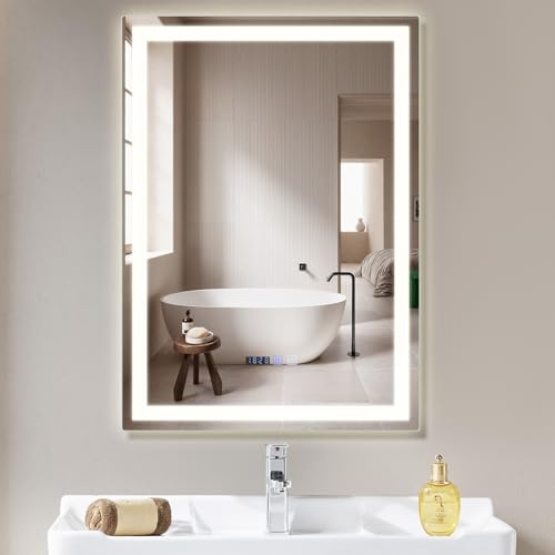 Mursche Badezimmer Spiegel Badspiegel mit Beleuchtung - LED Badezimmerspiegel 60x80 cm Wandspiegel Bad IP44 mit Touch-Schalter und Uhr Entfogger-Funktion Lichtspiegel Dimmbar 3000K-6500K