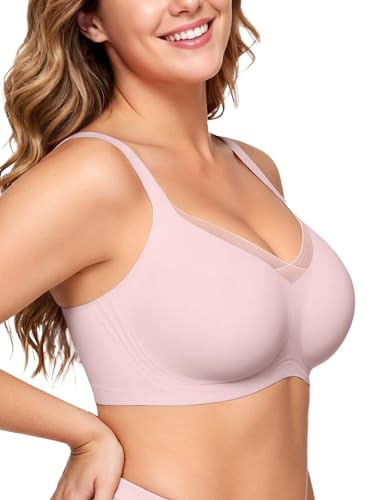 OEAK Womens Wireless Jelly Bras V Mesh Comfortable Bralette Supportive Tshirt Bra No Underwire Seamless Push Up Everyday Bras L Pink