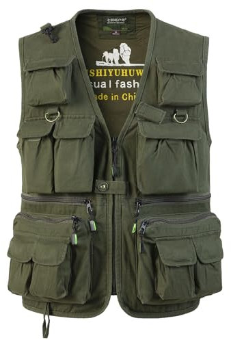 SUSHIMIAN Herren Outdoor Weste mit Vielen Taschen Jagdweste Anglerweste Multifunktionsweste Arbeitsweste Baumwolle Safari Weste Fischerweste mit Reißverschluss, Grün, XL