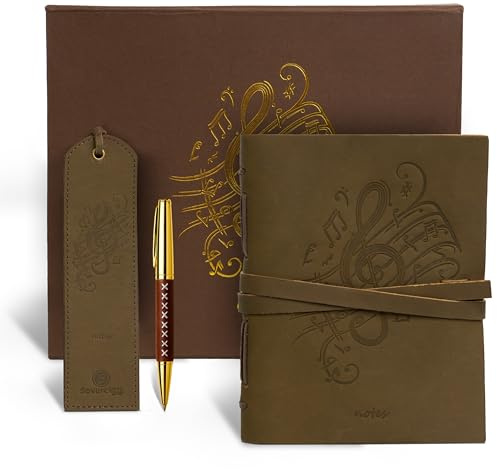 Sovereign-Gear Leather Journal Gift Set – Embossed Music Notes Design - Handmade Buffalo Leather Notebook with Pen & Bookmark - Vintage 8x6 Unlined Writing Journal for Men & Women in Premium Gift Box