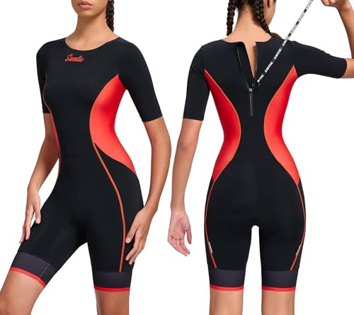 Santic Triathlondräkt för kvinnor vadderad triathlon onepiece mysig dräkt pro tri-kostym snabbtorkande bantning cykel skinsuit, röd, L