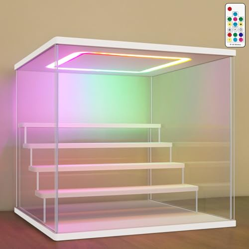 Nonemey Vitrina Expositora Transparente con Luz Led de Colores,3/4/5/6 Niveles Cajas de Metacrilato,Antipolvo Caja Organizadora,Vitrina Acrílica para Colecciones (Blanco, 6Tier-49*30*40 cm)