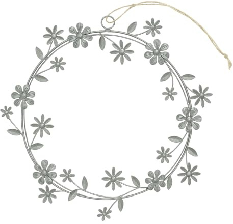 khevga Corona di fiori in metallo, Ø 24 cm, grigio bianco calcare, corona decorativa in metallo con corda in sisal, da parete, porta, finestra, primavera, estate