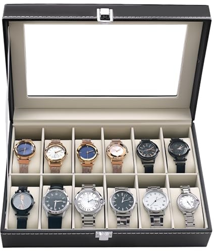 ATPEAM Caja para Relojes con 12 Compartimentos, Organizador de Relojes para Hombre, Estuche de Almacenamiento con Tapa de Cristal y Cojines Extraíbles