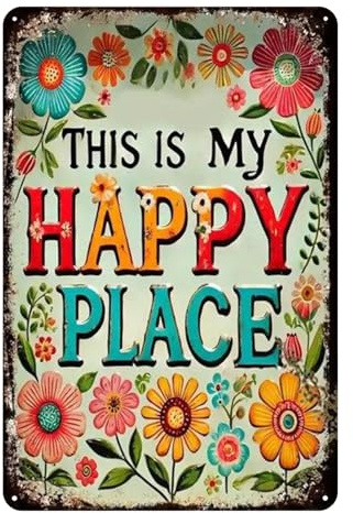 Wooden Garden Wall Art Sign – 20cm x 30cm Vintage Outdoor Plaque – This Is My Happy Place Sign – Rustic Decor for Patio Yard and Home