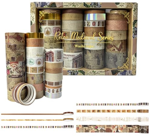 xolear 24 Vintage Washi-tejprullar set med flera retroelement | Masking Tape Scrapbooking, dekorativ tejp för konst, Bullet Journal, Scrapbooking, DIY, förpackning (brun)