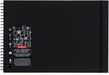 Derwent Skissbok med Svart Papper, A3-format Liggande, 40 Ark, Syrafritt Papper, Ringbunden, Konstnärskvalitet, Svart Bok, 2300381