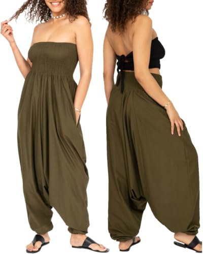likemary Combinaison Femme Été en Coton – 2 en 1 Sarouel Pantalon Fluide Femme à Taille Élastique – Combinaison Convertible Avec Poches - Olive