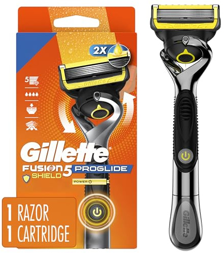 Gillette Fusion5 ProGlide Shield Shaving Razor for Men, 1 Power Razor Handle, 1 Refill, 2x Lubrication, Battery-Powered with FlexBall Handle and Precision Trimmer for Men