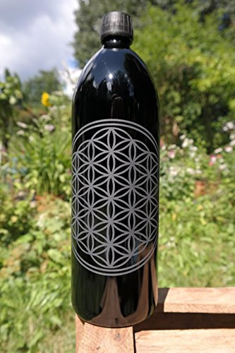 Freiglas Bouteille de 1 l, verre Mironglas/verre ultraviolet avec fleur de vie, fleur de vie, bouteille d'eau, protection contre la lumière