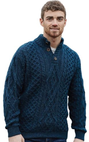 Aran Woollen Mills Irish Diamond Pattern Wool Troyer (X-Small, Atlantic Blue)