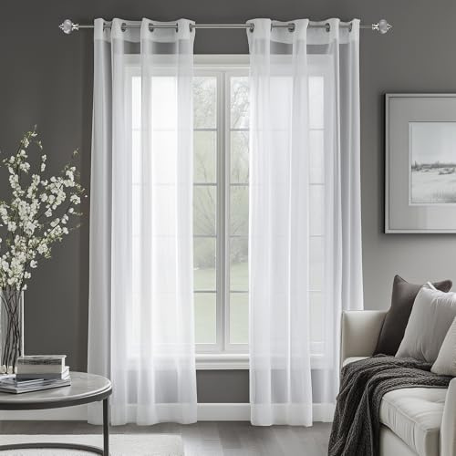 Deconovo - Tenda con occhielli, effetto lino, trasparente, in voile, 240x140 cm (altezza x larghezza), colore bianco, set da 2 pezzi