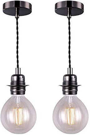 SHINY STAR Vintage Pendant Light Fitting, Black Finish Retro Style E27 Lamp Holder, Black Ceiling Rose with Braided Twisted Cable -2 Pack of KIT04BLK
