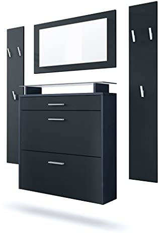 Vladon Garderobe Malea, Garderobenset bestehend aus 1 Hängeschuhschrank, 1 Wandspiegel und 2 Garderobenpaneele, Anthrazit matt/Schwarz matt