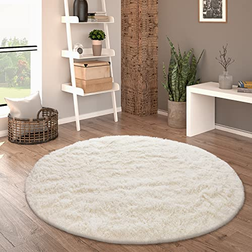 Paco Home Hochflor Teppich Rund Wohnzimmer Schlafzimmer rutschfest Shaggy Modern Flauschig Einfarbig Langflor Kunstfell, Grösse:160 cm Rund, Farbe:Ivory (Creme)
