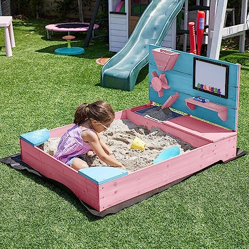 BELLEZE Wooden Sandbox, 49x39in Kids Sand Pit for Backyard, Outdoor Sandbox with Cover and Bottom Liner, Built-in Corner Seating, Bench Storage, Sand Toy Wall and Magnetic White Board (Pink)