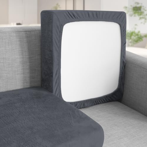 Teynewer Sofa Seat Cushion Cover, Sofa Cushion Slipcovers Stretch Velvet, Universal Non-Slip Couch Cushion Covers Replacement for Individual Cushion with Elastic Bottom (3 Seater, Dark Grey)