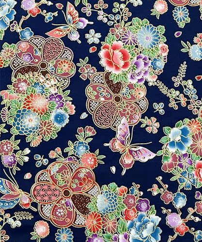 Jukway Bomullstyg, metervara, 50 cm x 145 cm, 100 % bomullstyger för sömnad, bronserande gyllene mönster, tyg, metervara, bomull, quiltning, gör-det-själv-dekoration, hantverk (01 mönster, marinblå)