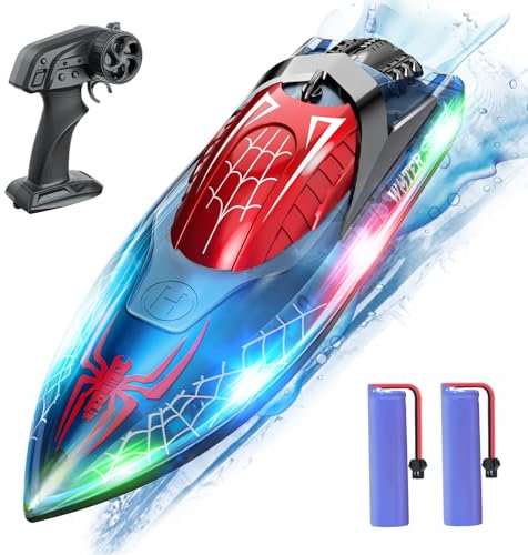 DEERC Spider Bateau Télécommandé avec lumière LED pour Enfants, RC Boat entièrement proportionnel 2,4 GHz pour piscines et Lacs, autonomie de 80 Minutes, Jouets de Piscine, récupération de chavirage