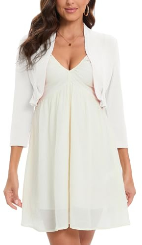 Hobrounn Bolero festivo para mujer, cárdigan corto de manga larga, frontal abierto, cárdigan sólido para vestido, Blanco, S