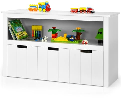 SOARS Kinderregal, Spielzeugschrank für Kinder, Spielzeugaufbewahrung mit Schubladen & Fächern, 3 Boxen mit Rollen, Spielzeug-Organizer für Kinderzimmer (Weißes Oberteil, 102 x 33 x 62cm)