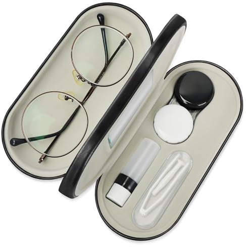 Kilihot 2 in 1 Contact Lens and Glasses Case Double Sided Portable Eyeglasses Case with Mirror Tweezer and Contact Lens Solution Bottle Storage Kit for Travel Black