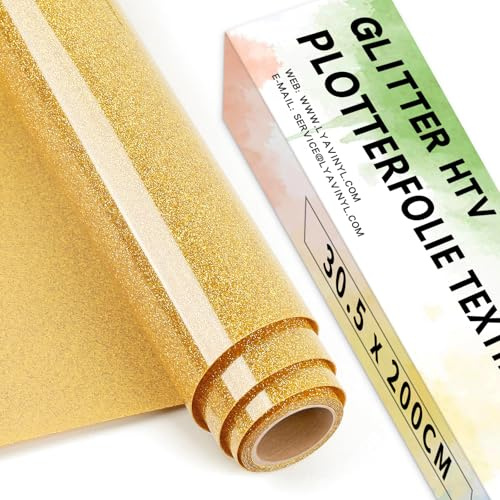 Lya Vinyl Lámina de plóter textil con purpurina, 30,5 cm x 200 cm, color dorado, lámina flexible para plóter textil para Cricut, Silhouette Cameo, lámina de transferencia para planchar para tejidos