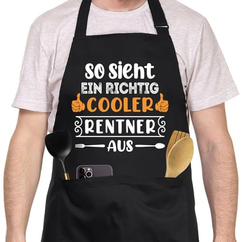 FUKPO Kochschürze Herren Damen, Schwarz Verstellbar Grillschürze für Männer Lustige Schürze Mann Frauen mit Taschen, Baumwolle Küchenschürze Herren Personalisiert Schürzen Lustig Ruhestand Geschenke