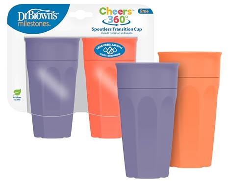 Dr. Brown's Milestones Cheers 360 Spoutless Transition Cup, Travel Friendly and Leak Free Sippy for Babies and Toddlers, Coral and Purple, BPA-Free, 10 oz/300 mL, 9m+